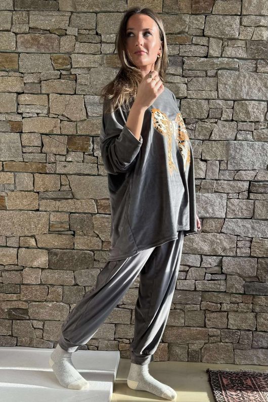 Binky Bow Soft Stretch Velour Lounge Suit Shadow /50=